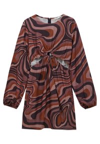 Pitkähihainen mekko, jossa on ruskea ja musta kiekkokuvio, etuosassa leikkaus ja rintaosassa kerätty solkokohta.