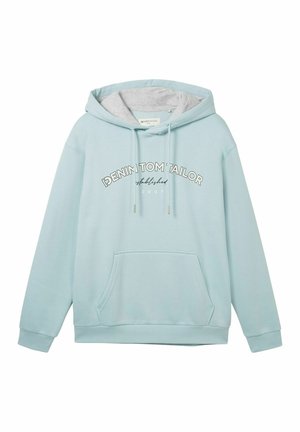 Svijetloplava dukserica sivi unutarnji sastav, prednja džep, kapuljača s uzicom i tekstualni dizajn "DENIM TOM TAILOR" iznad džepa.