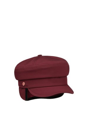 Dark red flat-top cap with a short curved visor and small metal button detail on the side, isolated on white background.