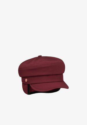 Dark red flat-top cap with a short curved visor and small metal button detail on the side, isolated on white background.