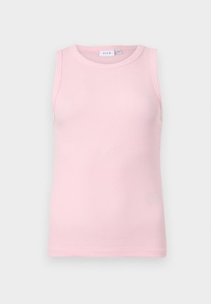 Šviesiai rožinė ribuota be rankovių tanko viršūnė su apvalia iškirpte, pagaminta iš minkštos medžiagos, su užrašu „VILA“ ant nugaros vidinio apykaklės.