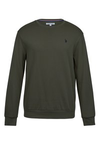 Vihreä pitkähihainen collegepaita, joka on valmistettu sileästä kankaasta. Paidassa on pyöreä kaula-aukko, resorit hihansuissa ja pieni brodeerattu logo rinnassa.