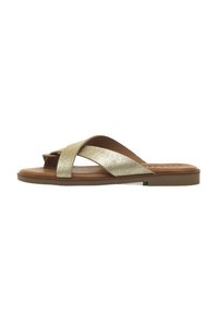 Sandali flip-flop dorati con glitter, design a fascia incrociata, sottopiedi marroni e suola piatta in gomma. Presentano un'estetica semplice e moderna.