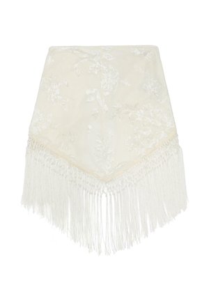 Krémová kvetinová žakárová šatka s dlhými strapcami v tvare V visiaca z dolného okraja, izolovaná na bielom pozadí.