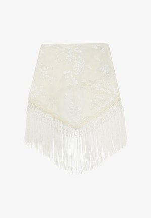 Châle jacquard floral ivoire avec bordure à longues franges en forme de V suspendues au bord inférieur, isolé sur fond blanc.