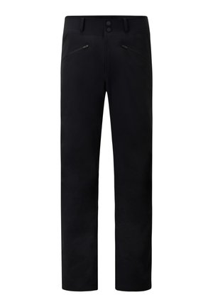 Zwarte broek met een recht model, voorzien van twee met rits afgesloten zakken en een dubbele knoopsluiting. Gemaakt van een soepele stof.