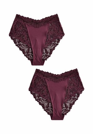 Two pairs of burgundy lace women's underwear with solid front panels and floral lace sides on white background.