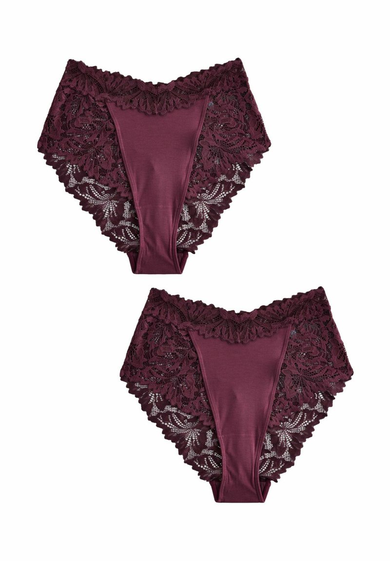 Two pairs of burgundy lace women's underwear with solid front panels and floral lace sides on white background.