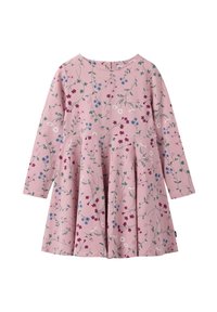 Langærmet, pink kjole med blomsterprint i lilla, blå og grøn. Har en udvidet nederdel og rund halsudskæring. Blødt stof med en behagelig struktur.