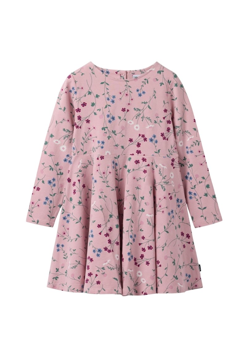 Langærmet, pink kjole med blomsterprint i lilla, blå og grøn. Har en udvidet nederdel og rund halsudskæring. Blødt stof med en behagelig struktur.