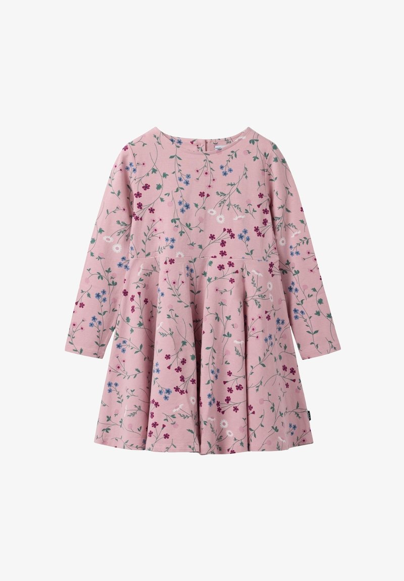 Langärmliges, pinkes Kleid mit floralen Mustern in Lila, Blau und Grün. Hat einen ausgestellten Rock und einen runden Ausschnitt. Weicher Stoff.