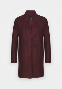 Bordeaux wollen mantel met een minimalistisch ontwerp, sjaalkraag, open voorkant en twee zijzakken. Heeft een gladde textuur en rechte mouwen.
