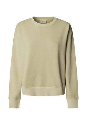 Sudadera de color verde claro hecha de tela suave, con cuello redondo, puños acanalados y dobladillo corto. Diseño simple y sin adornos.