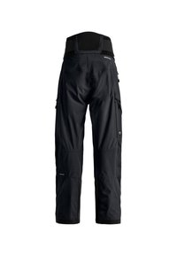 Schwarze Cargo-Hosen mit hohem Bund, mehreren Taschen und verstärkten Knieflächen. Der Stoff wirkt strapazierfähig, mit matter Oberfläche und glatter Textur.