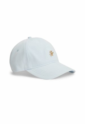 Casquette de baseball bleu clair à fines rayures avec visière incurvée et petit emblème doré "FH" sur le côté avant droit.
