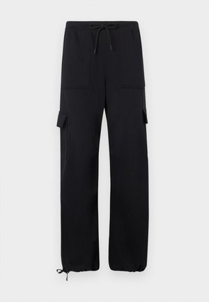 Pantalons cargo noirs en tissu doux, dotés d'une taille à cordon de serrage, de deux poches avant et de poignets élastiqués aux chevilles.