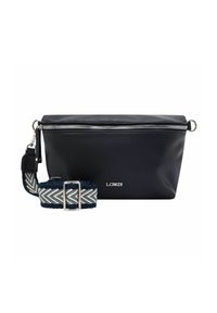 Borsa a tracolla in pelle nera texture con zip argentata e una tracolla staccabile a zig zag blu e bianco.