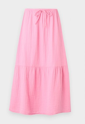 Ροζ μίντι φούστα με ελαστική μέση και κορδόνι, ελαφρύ ρυτιδωτό ύφασμα, λεπτομέρεια με πιέτες κοντά στο τελείωμα.