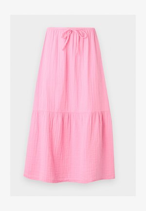 Ροζ μίντι φούστα με ελαστική μέση και κορδόνι, ελαφρύ ρυτιδωτό ύφασμα, λεπτομέρεια με πιέτες κοντά στο τελείωμα.