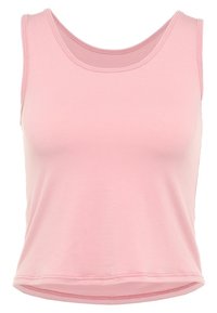 Camiseta sin mangas rosa hecha de tela suave, con un escote redondeado y un dobladillo curvado con bordes cosidos.