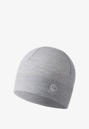 Grijze beanie gemaakt van zachte stof, met een eenvoudig ontwerp met een gestikte naad en een klein logo aan de zijkant. Geschikt voor koud weer.