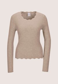 Beige gestreiftes Langarmoberteil mit gewelltem Halsausschnitt und Saum, taillierte Silhouette auf einem schlichten hellen Hintergrund.