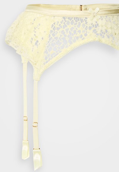 Κίτρινη ζαρτιέρα από δαντέλα με floral σχέδιο, σατέν λεπτομέρειες και ρυθμιζόμενους ιμάντες με υλικά σε χρυσό τόνο και φιόγκο στη λεπτομέρεια.