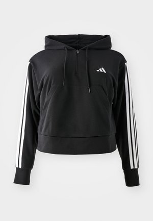 Hoodie cropped preto, feito de um tecido suave. Apresenta um bolso frontal, capuz com cordão e detalhes em branco com três riscas nas mangas.