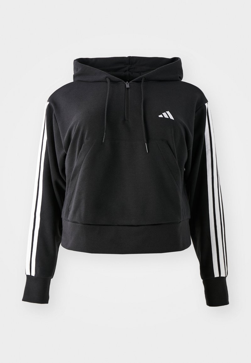 Zwarte cropped hoodie van zachte stof. Hij heeft een frontzak, een capuchon met trekkoord en witte drie-strepen accenten op de mouwen.