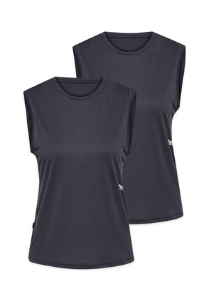 Twee donkergrijze mouwloze sporttopjes met ronde halslijn, naast elkaar op een witte achtergrond geplaatst.