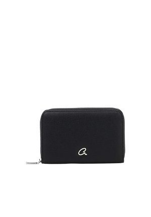 Portefeuille noir à fermeture éclair complète avec un petit logo "a" minuscule argenté sur le devant, surface en cuir texturé, et tirette de fermeture éclair argentée.