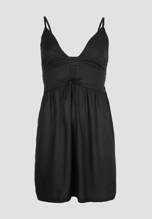 Robe noire avec un col en V profond, fines bretelles, taille cintrée et jupe froncée. Comprend un détail de laçage à l'avant et une texture lisse.