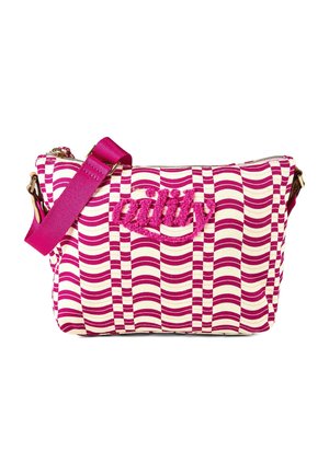 Bolso bandolera rosa y blanco con estampado, correa ajustable y logo "oddy" texturizado bordado en la parte frontal.