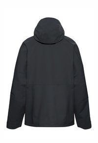 Veste imperméable noire, dotée d'une capuche, de manches longues et d'une texture lisse. Le dos présente un panneau rectangulaire sans fermetures visibles.