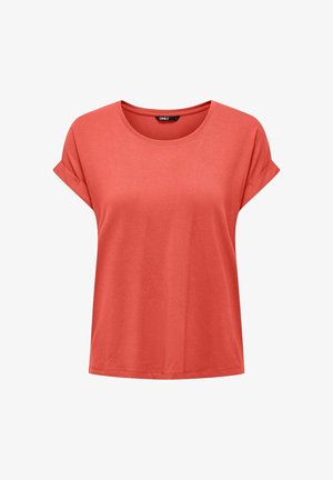 Korallenfarbenes Baumwoll-T-Shirt mit kurzen Ärmeln, rundem Hals und umgeschlagenen Bündchen, Markenetikett innen am Kragen.