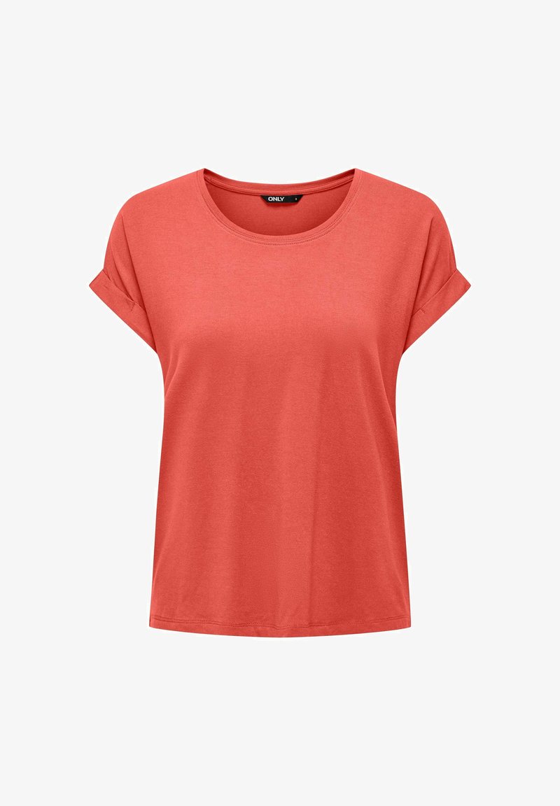 Korall színű, rövid ujjú pamut póló kerek nyakkivágással és felhajtott mandzsettákkal, márkajelzéssel a gallér belsejében.