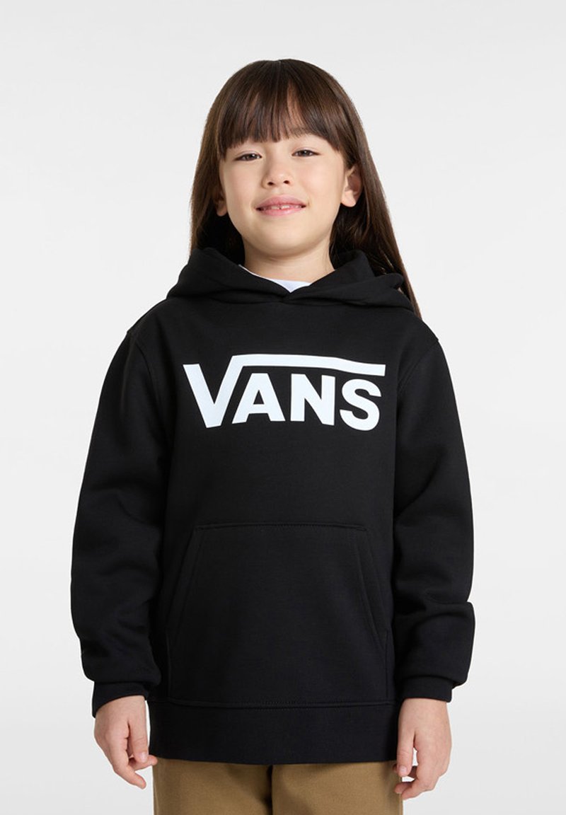 Zwarte hoodie gemaakt van een katoenmix, met een groot wit "VANS" logo op de voorkant en een kangoeroezak.