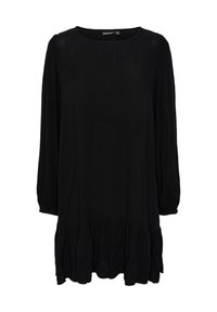 Vestido negro de manga larga hecho de una tela ligera, con escote redondo y un dobladillo acampanado con volantes en la parte inferior.