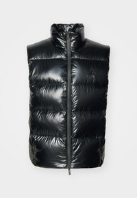 Svart glänsande puffer-väst med hög krage, centralt blixtlås och diskret broderad logotyp på vänster bröst, visad på en vit bakgrund.