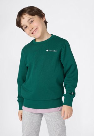 Lachend kind in een donkergroene Champion sweatshirt over een lichtpaarse shirt en grijze broek, staand voor een effen witte achtergrond.