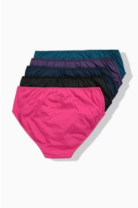 Pět párů dámských vysokých bavlněných kalhotek v růžové, tyrkysové, fialové, námořnické modři a černé barvě se elastickými pasy a hladkým povrchem.