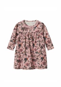 Pitkähihainen mekko pehmeästä vaaleanpunaisesta puuvillasta, jossa on kukkakuosi tummissa ja vaaleissa väreissä. Mekossa on kootut vyötärö ja pitsireunainen kaula-aukko.