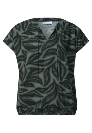 Blouse vert foncé à manches courtes avec motif abstrait de feuilles noires, col en V avec cordons et ourlet élastique.