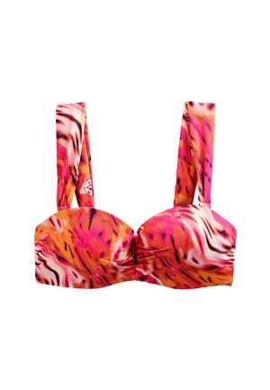 Jasnoróżowy i pomarańczowy wzorzysty top od bikini z szerokimi ramiączkami i marszczonym detalem na środku.