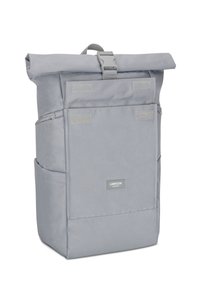 Gray roll-top backpack made of durable fabric, featuring a front zip pocket, side pockets, and adjustable straps. Textured accents are visible.
