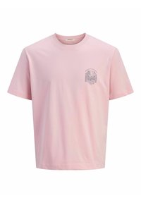 Lys rosa bomulds t-shirt med rund hals, korte ærmer og et grafisk print i grå på venstre brystområde. Klassisk pasform med sømløst design.