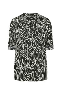 Blusa a maniche corte con motivo a foglie in bianco e nero, con parte anteriore plissettata e chiusura a bottoni, realizzata in tessuto leggero.