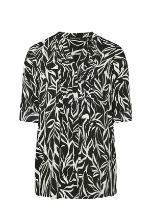Blusa a maniche corte con motivo a foglie in bianco e nero, con parte anteriore plissettata e chiusura a bottoni, realizzata in tessuto leggero.