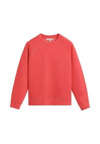 Sudadera color coral hecha de tejido suave, con cuello redondo, mangas raglán y puños y dobladillo acanalados para un acabado ajustado.
