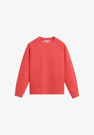 Sudadera color coral hecha de tejido suave, con cuello redondo, mangas raglán y puños y dobladillo acanalados para un acabado ajustado.